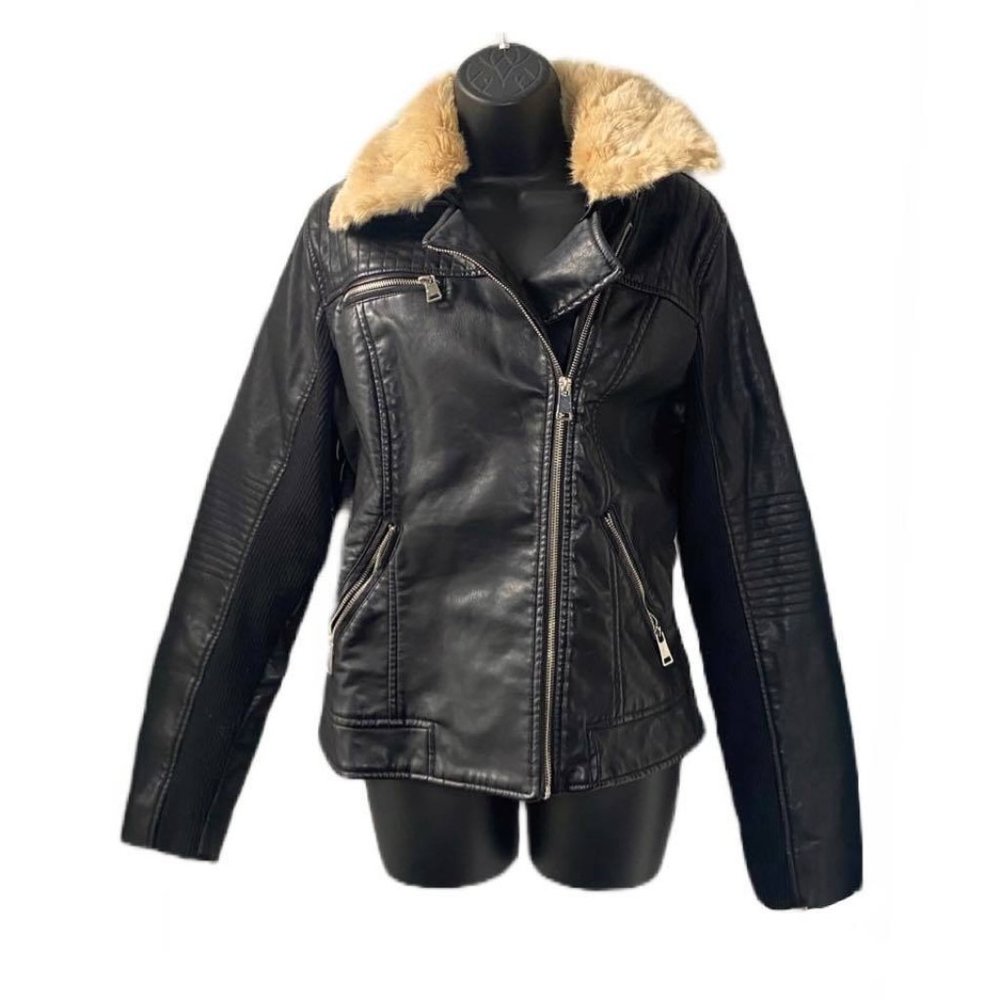 Faux Leather Moto Biker Jacket w/ Faux Fur Collar sz XL